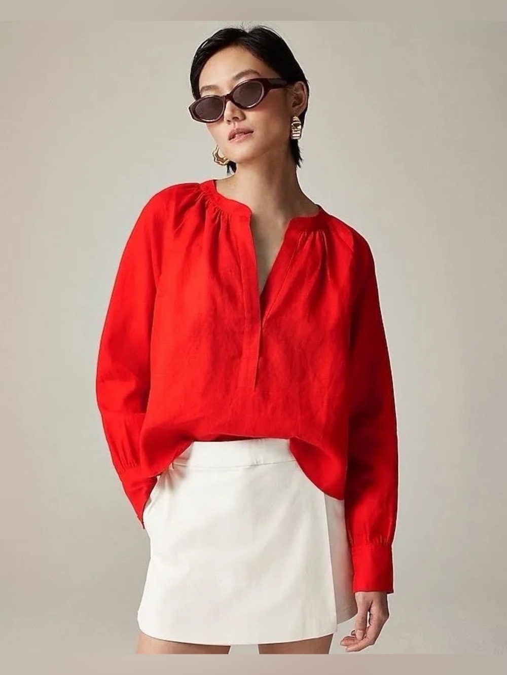 J. Crew Cabana Linen Long Sleeve Top Red Shirt Size Large 1126